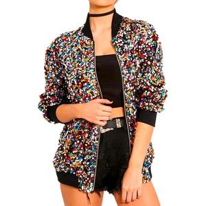 CRESAY Colorful Sequin Zip Up BOMBER JACKET! Woman’s Size Medium